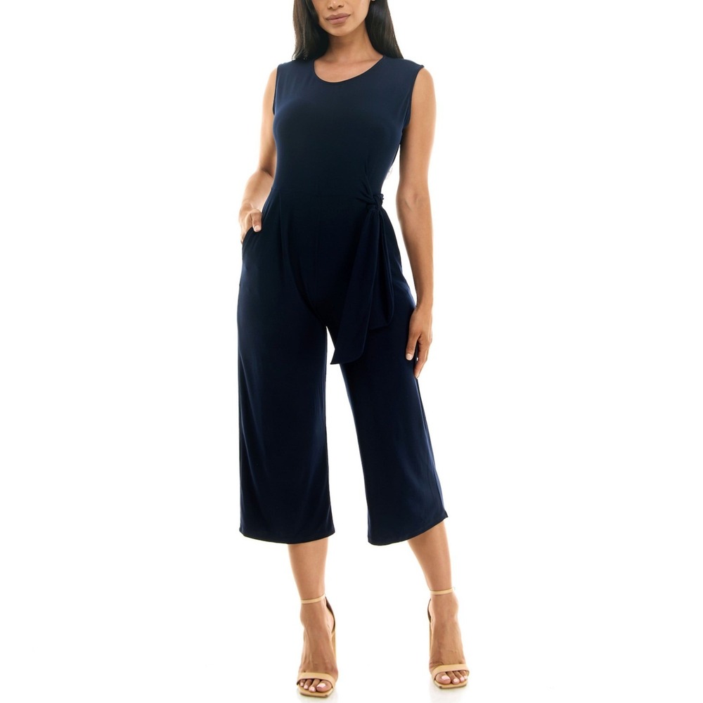 Nina Leonard Womens Navy Blue Wide Leg‎ Sleeveless Side Knot Jumpsuit S Work